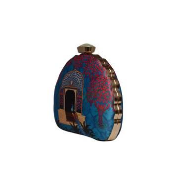 Blue door printed d-shape clutch bag for women with detachable strap 2