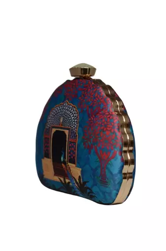 Blue door printed d-shape clutch bag for women with detachable strap
