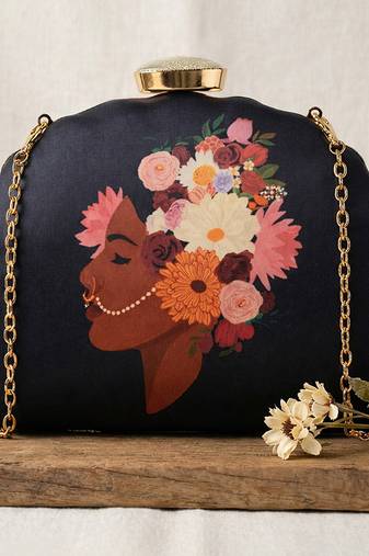 Black girl and flower printed clutch bag for women with detachable strap