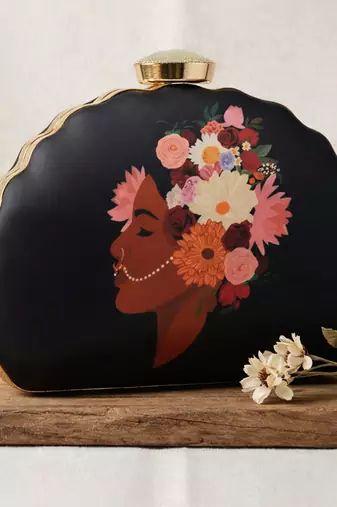 Black girl and flower printed clutch bag for women with detachable strap