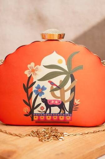 Printed half moon clutch bag for women with detachable strap