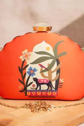 Printed half moon clutch bag for women with detachable strap