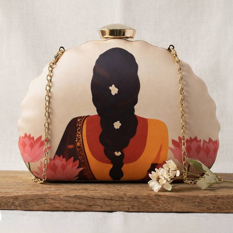 Printed box clutchbag for women with detachable strap