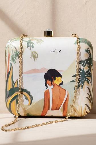 Casual printed girl portarait box clutch bag for women with detachable strap