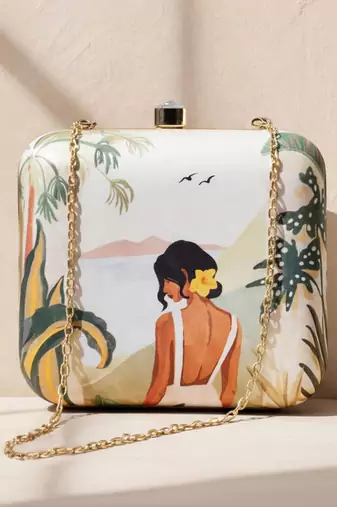 Casual printed girl portarait box clutch bag for women with detachable strap