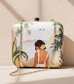 Casual printed girl portarait box clutch bag for women with detachable strap