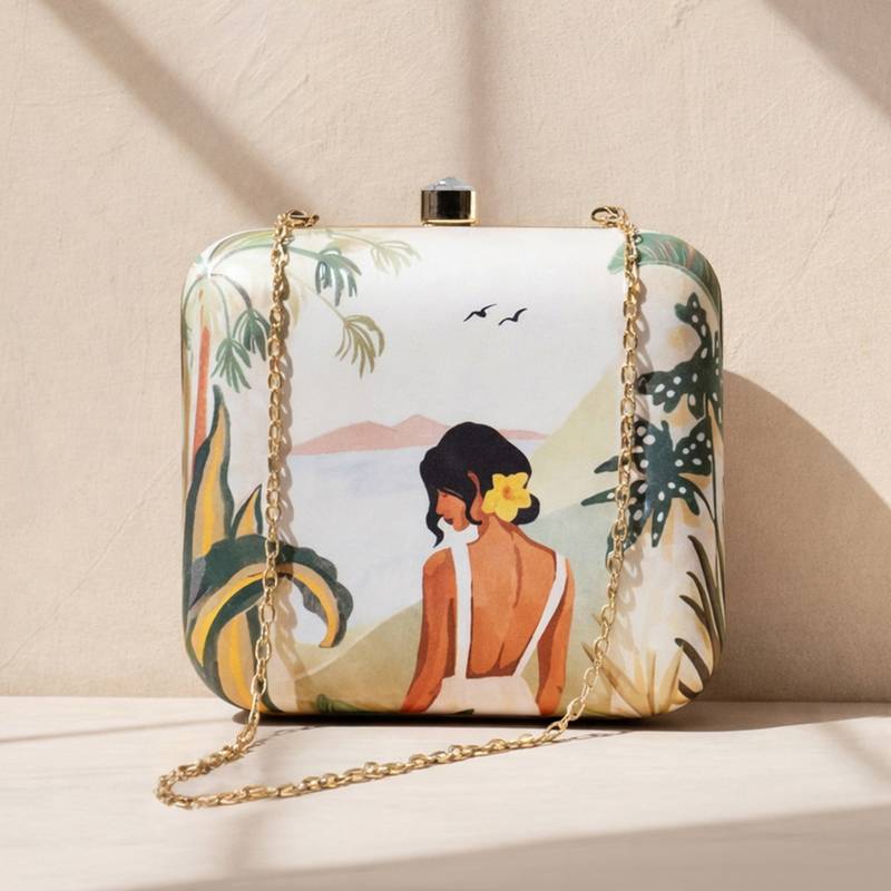 Casual printed girl portarait box clutch bag for women with detachable strap