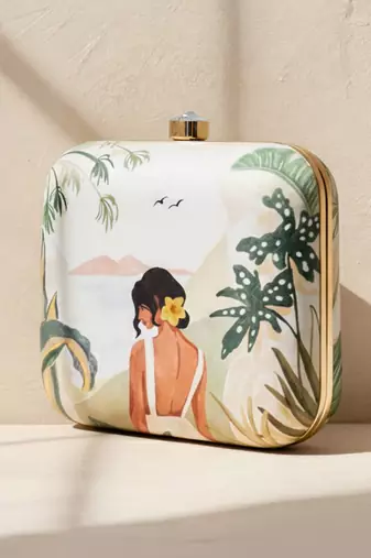 Casual printed girl portarait box clutch bag for women with detachable strap