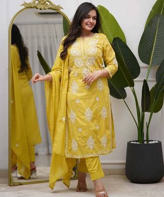 Women's Cotton Embroidered Kurta Pant with Dupatta -Yellow 1