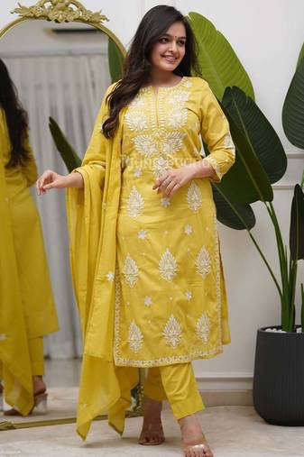 Women's Cotton Embroidered Kurta Pant with Dupatta -Yellow