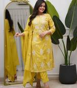 Women's Cotton Embroidered Kurta Pant with Dupatta -Yellow