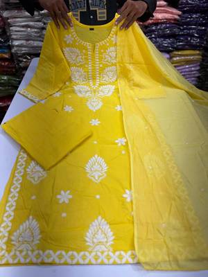 Women's Cotton Embroidered Kurta Pant with Dupatta -Yellow 2