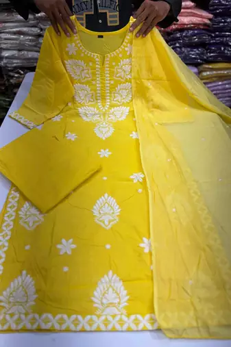 Women's Cotton Embroidered Kurta Pant with Dupatta -Yellow