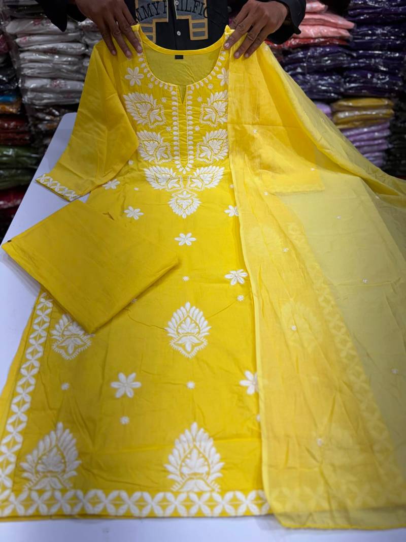 Women's Cotton Embroidered Kurta Pant with Dupatta -Yellow