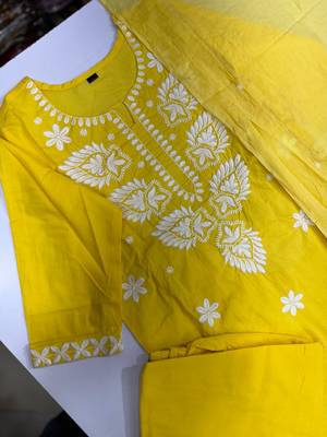 Women's Cotton Embroidered Kurta Pant with Dupatta -Yellow 3