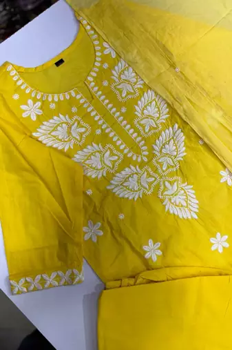 Women's Cotton Embroidered Kurta Pant with Dupatta -Yellow