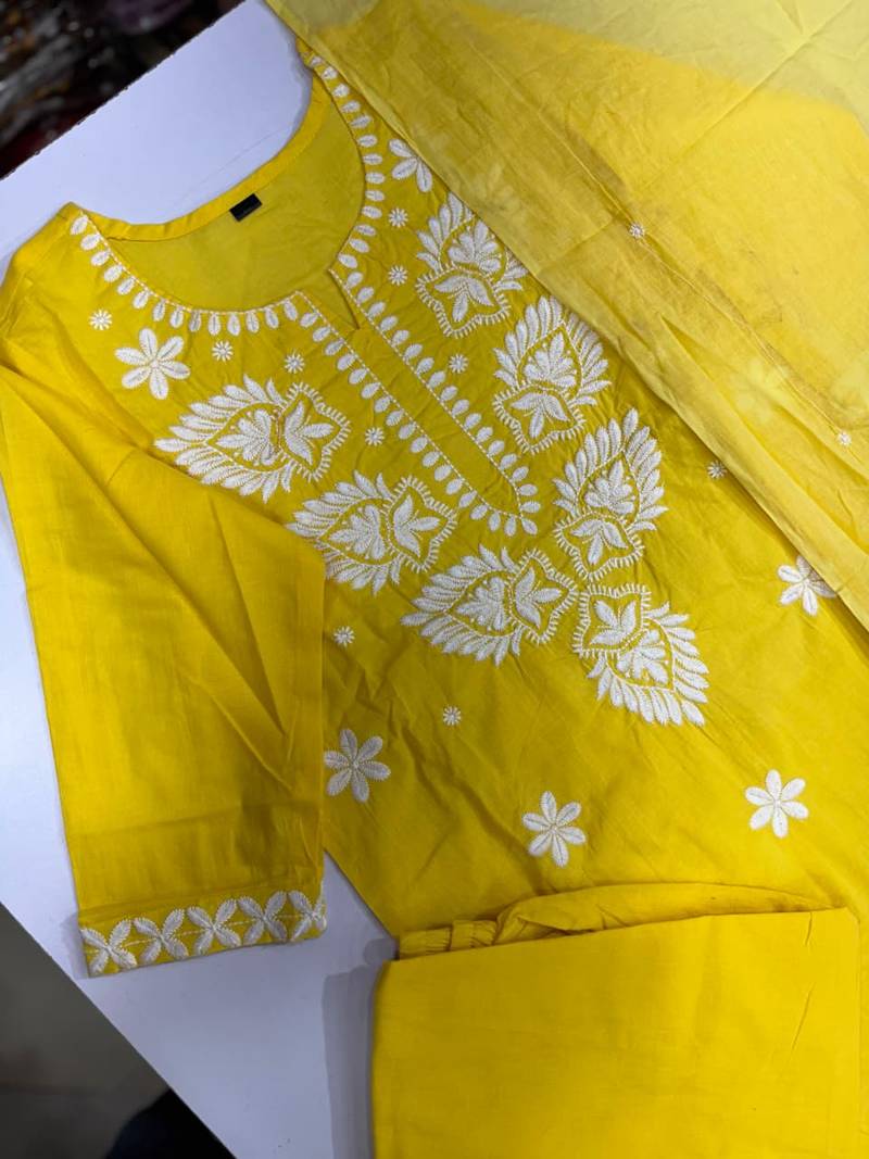 Women's Cotton Embroidered Kurta Pant with Dupatta -Yellow