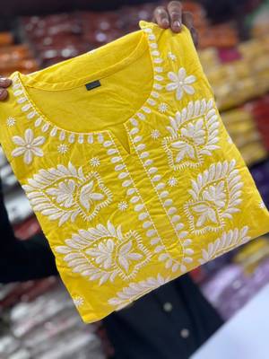 Women's Cotton Embroidered Kurta Pant with Dupatta -Yellow 4