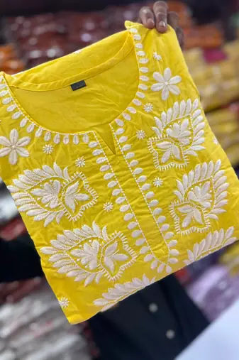 Women's Cotton Embroidered Kurta Pant with Dupatta -Yellow