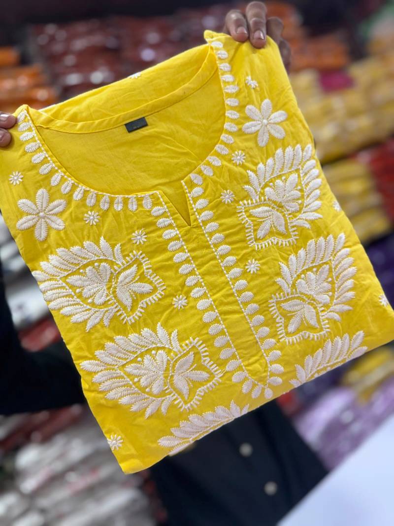 Women's Cotton Embroidered Kurta Pant with Dupatta -Yellow