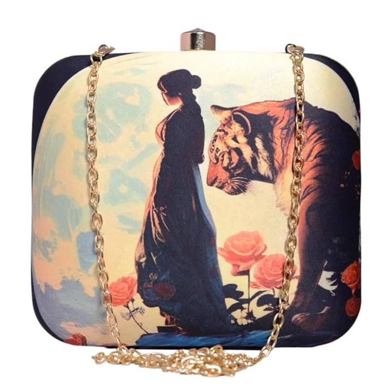 Women with tiger portarit printed box clutch bag for women with detachable strap