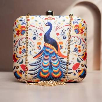 Peacock printed clutch bag for women with detachable chain strap 1