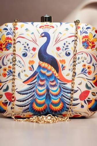 Peacock printed clutch bag for women with detachable chain strap