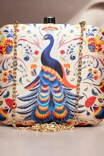 Peacock printed clutch bag for women with detachable chain strap