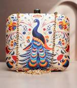Peacock printed clutch bag for women with detachable chain strap