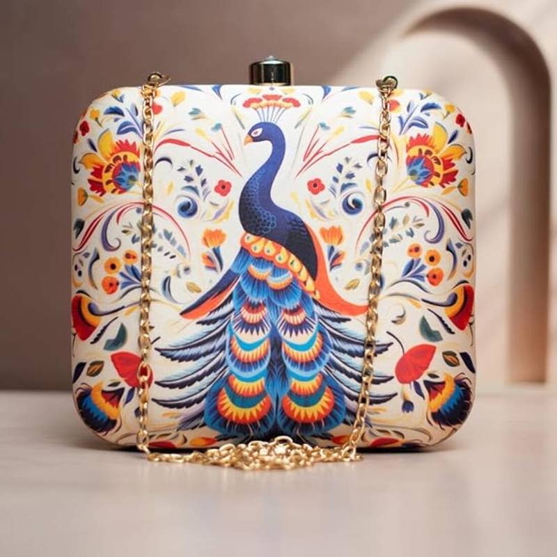 Peacock printed clutch bag for women with detachable chain strap