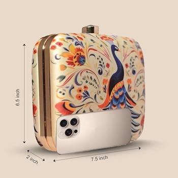 Peacock printed clutch bag for women with detachable chain strap 2