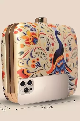 Peacock printed clutch bag for women with detachable chain strap