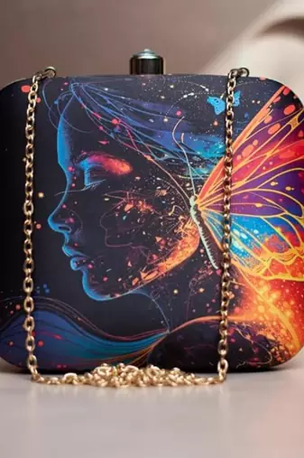 Printed box clutch bag for women with detachable strap