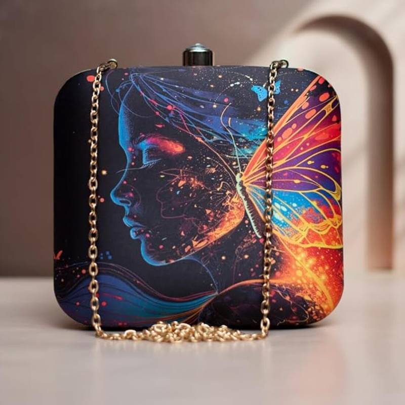 Printed box clutch bag for women with detachable strap