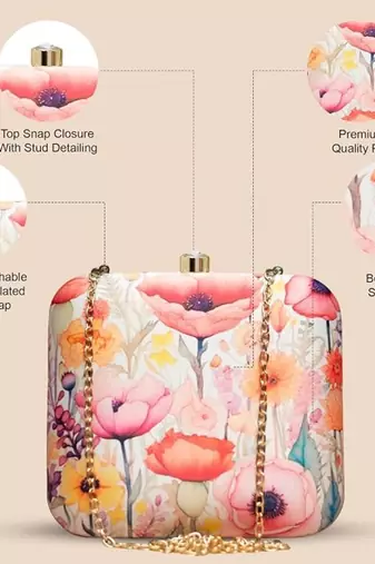 Printed box clutch bag for women with detachable strap