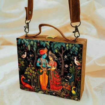 Radha krishna printed suitcase style clutch bag for women with detachable strap 1