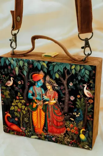 Radha krishna printed suitcase style clutch bag for women with detachable strap