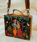 Radha krishna printed suitcase style clutch bag for women with detachable strap