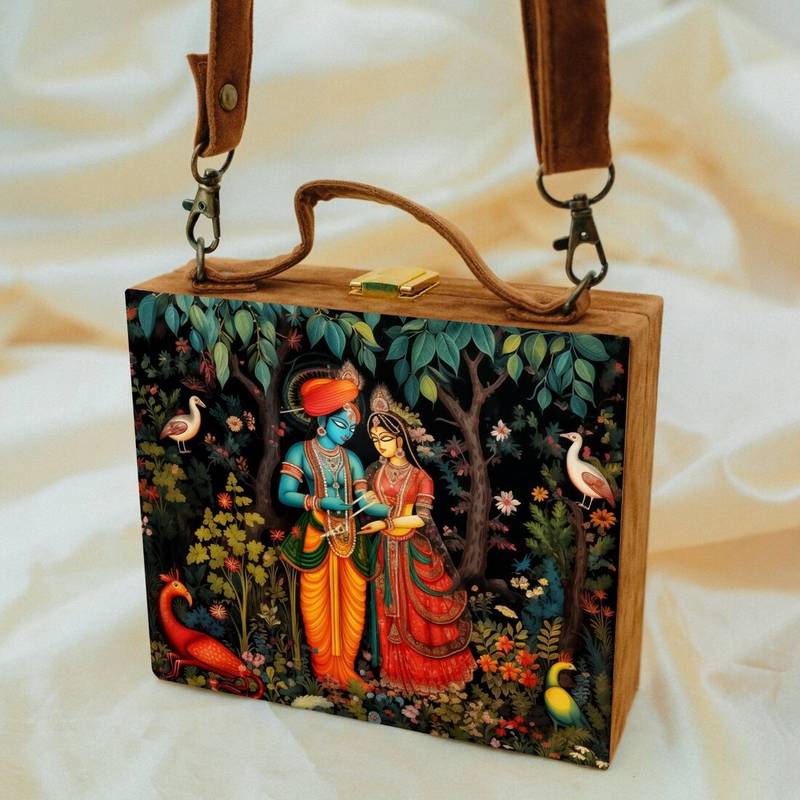 Radha krishna printed suitcase style clutch bag for women with detachable strap