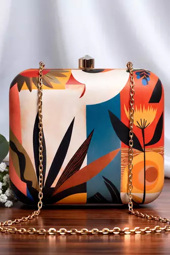 Floral printed box clutch bag for women with detachable strap