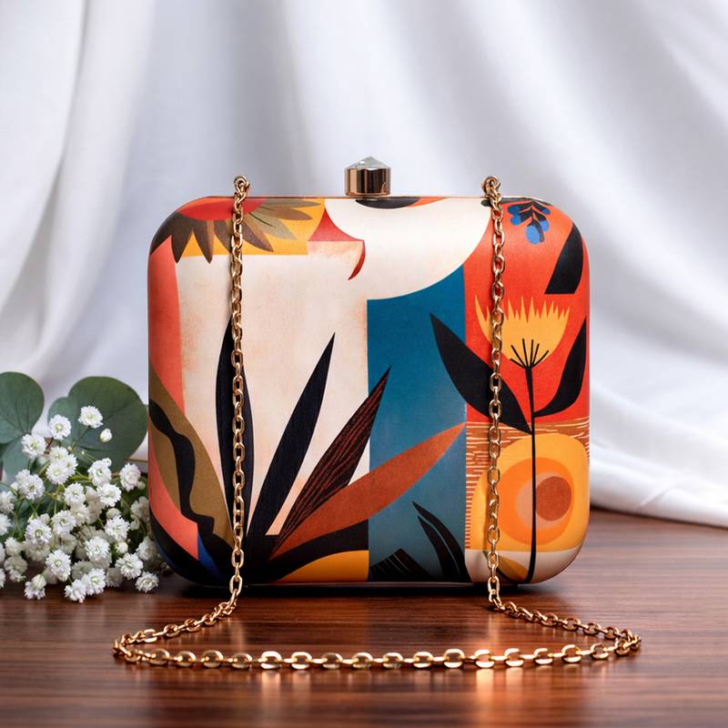 Floral printed box clutch bag for women with detachable strap