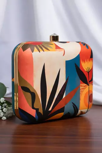 Floral printed box clutch bag for women with detachable strap