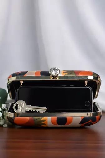 Floral printed box clutch bag for women with detachable strap