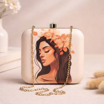 Graphic printed box clutch bag for women with detachable strap 1