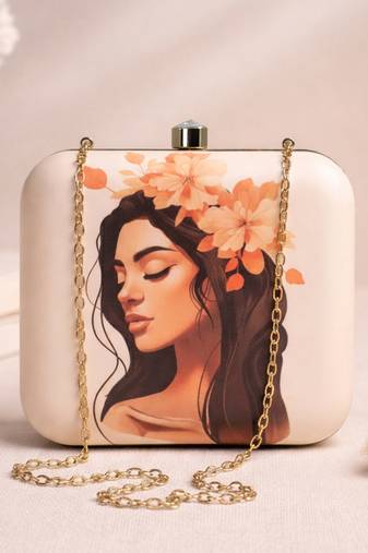 Graphic printed box clutch bag for women with detachable strap
