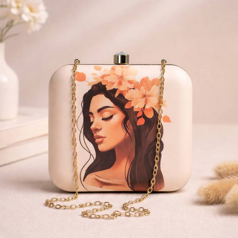 Graphic printed box clutch bag for women with detachable strap