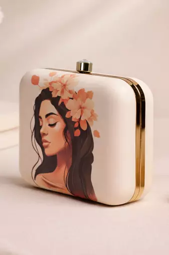 Graphic printed box clutch bag for women with detachable strap