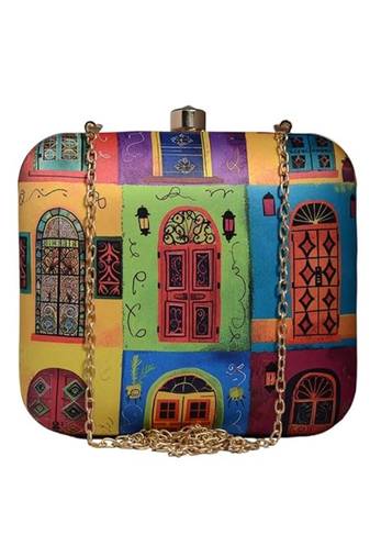 Multicolor doors printed square clutch bag for women