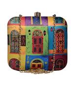 Multicolor doors printed square clutch bag for women