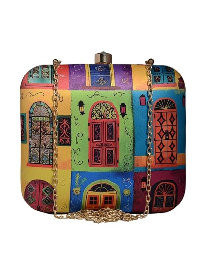 Multicolor doors printed square clutch bag for women